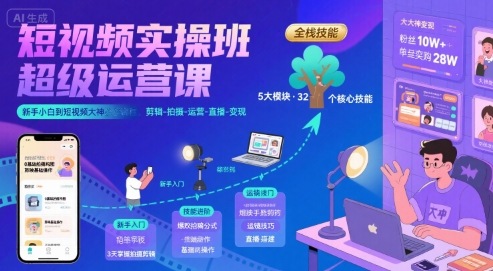 短视频实操班超级运营课，新手小白到短视频大神必修课程，剪辑-拍摄-运营-直播-变现-zhangyuwc