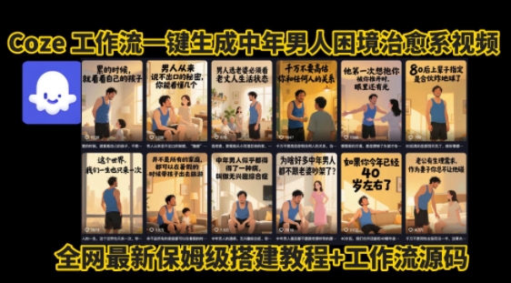 coze工作流一键生成”中年男人困境扎心高涨粉高播放量图文视频”保姆级拆解教程，无需剪辑，无需拍摄写文案-zhangyuwc