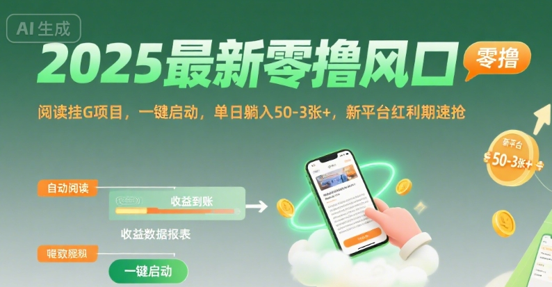 2025最新零撸风口，阅读挂G项目，一键启动，单日躺入 50-3张+，新平台红利期速抢【揭秘】-zhangyuwc