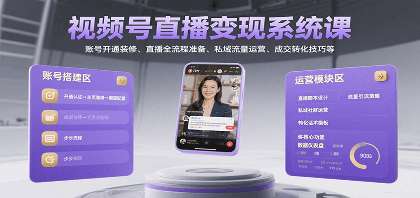 视频号直播变现系统课，账号开通装修、直播全流程准备、私域流量运营、成交转化技巧等-zhangyuwc
