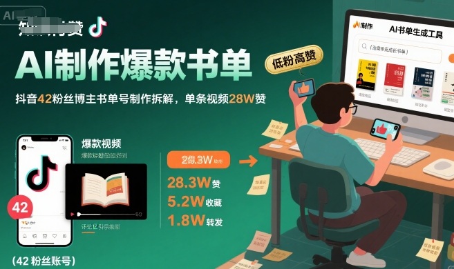 AI制作爆款书单，抖音42粉丝博主书单号制作拆解，单条视频28W赞-zhangyuwc