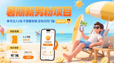 暑期新男粉项目 单号日入5张 不需要剪辑  没有任何门槛-zhangyuwc