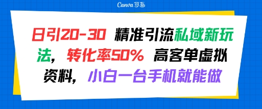 日引 20-30 精准引流私域新玩法，转化率50% 高客单虚拟资料，小白一台手机就能做-zhangyuwc