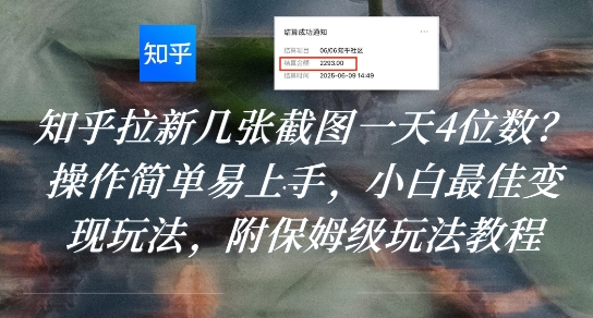 知乎拉新几张截图一天4位数？操作简单易上手，小白最佳变现玩法，附保姆级玩法教程-zhangyuwc
