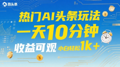 热门AI头条玩法，一天10分钟，收益可观，小白轻松日入1k+【揭秘】-zhangyuwc
