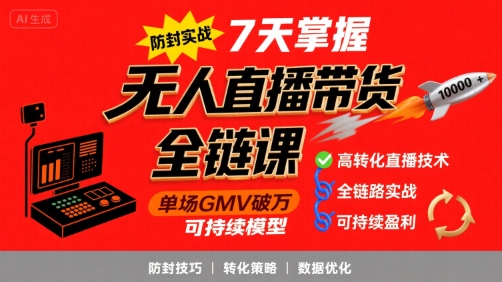 无人直播带货全链防封实战课，7天掌握高转化直播技术，实现单场GMV破万可持续模型-zhangyuwc