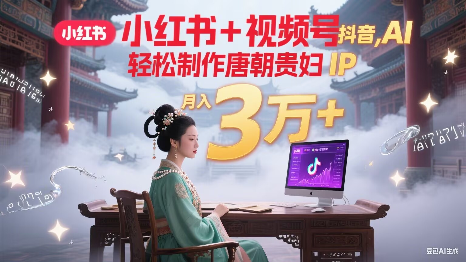 小红书+视频号+抖音，AI轻松制作唐朝贵妇IP，毒鸡汤、励志、减肥瘦身、养生赛道轻松切入，每天30分钟，轻松产出N条，月入3万+-zhangyuwc