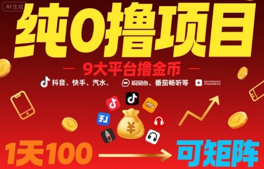 纯0撸项目，9大平台撸金币，抖音，快手，汽水，番茄畅听等，1天100，可矩阵-zhangyuwc