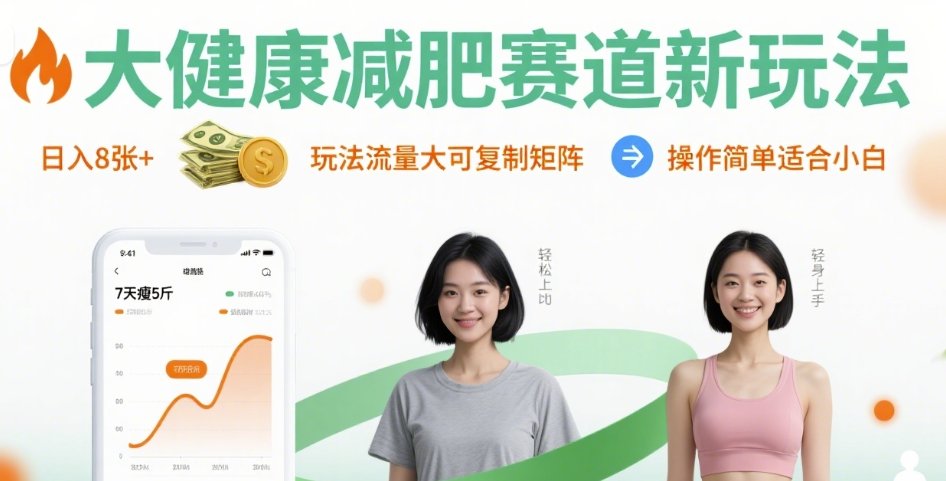 大健康减肥赛道新玩法日入8张，玩法流量大可复制矩阵，操作简单适合小白-zhangyuwc