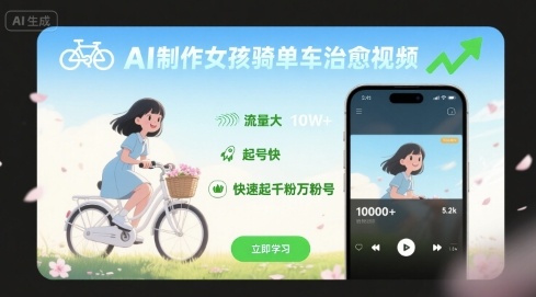AI制作女孩骑单车治愈视频，流量大，起号快，快速起千粉万粉号-zhangyuwc