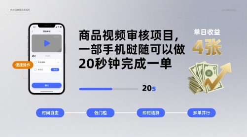 商品视频审核项目，一部手机随时随地都可以做，20秒钟完成一单，单日收益 4张【揭秘】-zhangyuwc